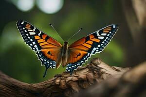 ein Schmetterling ist Sitzung auf ein Ast. KI-generiert foto