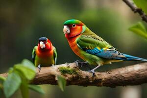 zwei bunt Vögel Sitzung auf ein Ast. KI-generiert foto