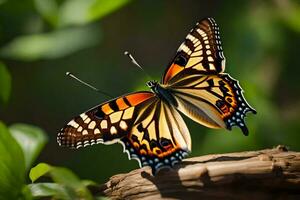 ein Schmetterling ist Sitzung auf ein Log im das Sonne. KI-generiert foto