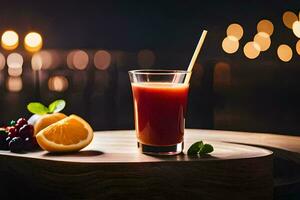 ein Glas von Saft mit ein Stroh auf ein Tisch. KI-generiert foto