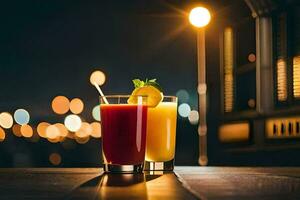 zwei Brille von Orange Saft auf ein Tabelle im Vorderseite von ein Stadt Horizont. KI-generiert foto