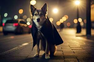 ein Hund im ein Mantel Stehen auf das Straße beim Nacht. KI-generiert foto