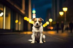 ein Hund Sitzung auf das Straße beim Nacht. KI-generiert foto