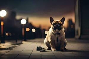 ein Hund Sitzung auf das Boden Nächster zu ein Schuh. KI-generiert foto