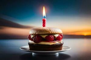 ein Geburtstag Kuchen mit ein Kerze auf oben. KI-generiert foto