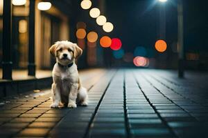 ein Hund Sitzung auf ein Backstein Gehweg beim Nacht. KI-generiert foto