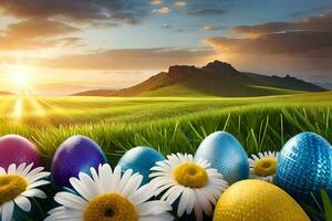 Ostern Eier im ein Feld mit Gänseblümchen und Sonne. KI-generiert foto