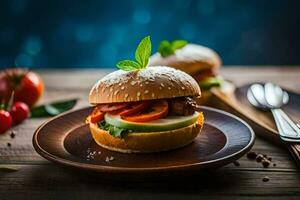 ein Hamburger mit Fleisch, Grüner Salat und Tomate auf ein hölzern Platte. KI-generiert foto