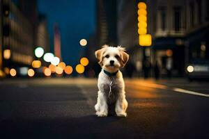 ein klein Hund Sitzung auf das Straße beim Nacht. KI-generiert foto