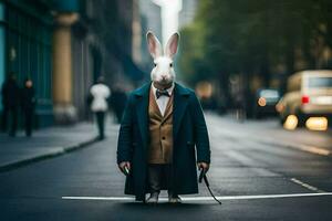 ein Hase tragen ein passen und Krawatte Stehen im das Mitte von ein Stadt Straße. KI-generiert foto