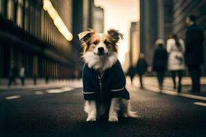 ein Hund tragen ein Jacke sitzt auf das Straße. KI-generiert foto