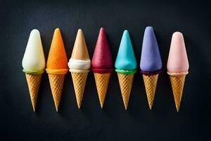 sechs anders farbig Eis Sahne Zapfen im ein Reihe. KI-generiert foto