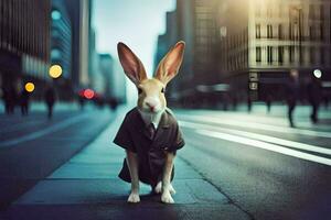 ein Hase tragen ein passen und Krawatte auf das Straße. KI-generiert foto