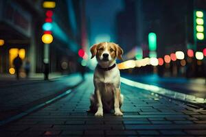 ein Hund Sitzung auf das Straße beim Nacht. KI-generiert foto