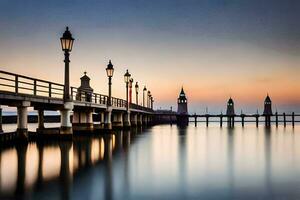 ein Seebrücke mit Beleuchtung und Wasser beim Sonnenuntergang. KI-generiert foto