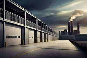ein groß industriell Gebäude mit zwei Garage Türen. KI-generiert foto