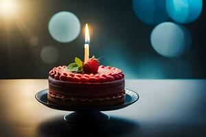 ein rot Kuchen mit ein Single Kerze auf oben. KI-generiert foto