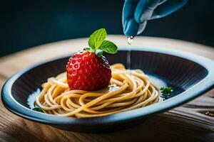 ein Person im Blau Handschuhe ist Eintauchen ein Erdbeere in ein Schüssel von Spaghetti. KI-generiert foto