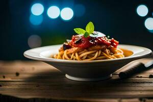 Spaghetti mit Tomate Soße und Basilikum Blätter im ein Weiß Schüssel. KI-generiert foto