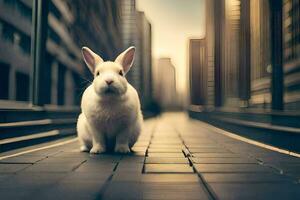 ein Weiß Hase ist Sitzung auf das Straße im ein Stadt. KI-generiert foto