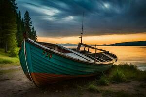 ein Boot sitzt auf das Ufer von ein See beim Sonnenuntergang. KI-generiert foto