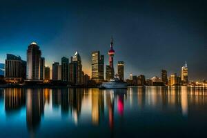 das Shanghai Horizont beim Nacht mit Reflexionen im das Wasser. KI-generiert foto