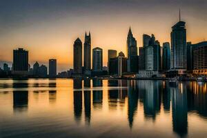 das Horizont von Dubai beim Sonnenuntergang. KI-generiert foto