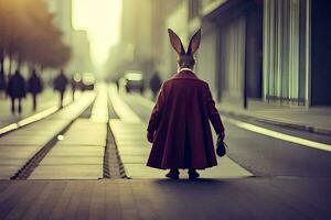 ein Hase tragen ein rot Mantel und Hut ist Gehen Nieder ein Straße. KI-generiert foto