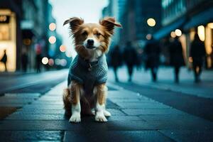 ein Hund tragen ein Sweatshirt sitzt auf das Straße beim Nacht. KI-generiert foto