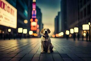 ein Hund Sitzung auf das Straße im Vorderseite von ein Stadt. KI-generiert foto
