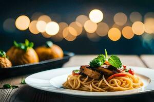 Spaghetti mit Fleisch und Gemüse auf ein Platte. KI-generiert foto