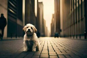 ein Hund Sitzung auf das Straße im ein Stadt. KI-generiert foto