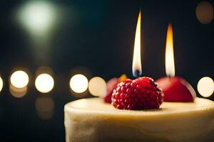 ein Geburtstag Kuchen mit zwei Kerzen und Himbeeren. KI-generiert foto