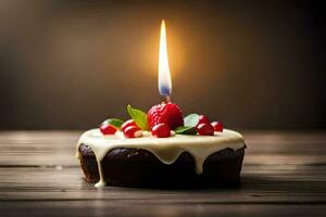 ein klein Geburtstag Kuchen mit ein Kerze auf oben. KI-generiert foto