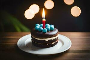 ein Schokolade Geburtstag Kuchen mit ein zündete Kerze. KI-generiert foto