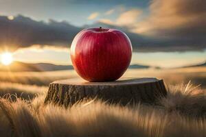 ein Apfel sitzt auf oben von ein Stumpf im ein Feld. KI-generiert foto