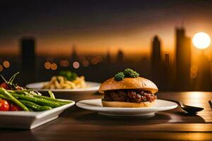 ein Burger und Fritten auf ein Tabelle mit ein Stadt Sicht. KI-generiert foto