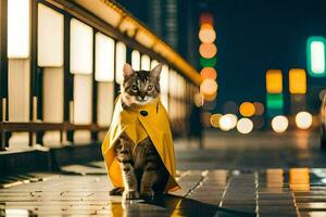 ein Katze im ein Gelb Regenjacke auf ein Straße beim Nacht. KI-generiert foto