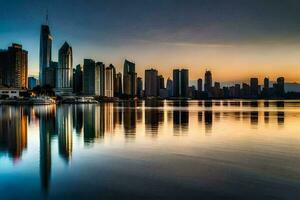 das Stadt Horizont ist reflektiert im das Wasser beim Sonnenuntergang. KI-generiert foto