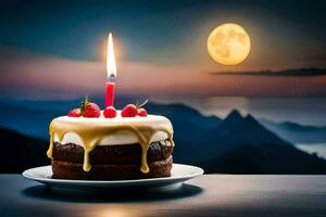 ein Geburtstag Kuchen mit ein Kerze auf oben von ein Platte. KI-generiert foto