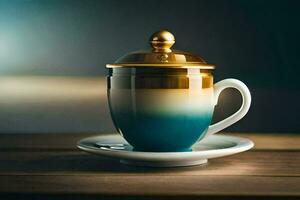 ein Blau und Gold Tasse mit ein golden Deckel. KI-generiert foto