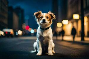 ein Hund Sitzung auf das Straße beim Nacht. KI-generiert foto