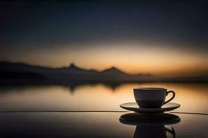 ein Tasse von Kaffee auf ein Tabelle im Vorderseite von ein See. KI-generiert foto