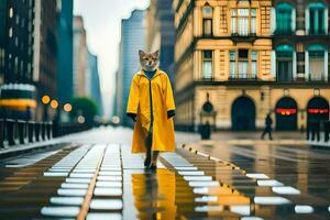 ein Katze im ein Gelb Regenjacke Gehen Nieder ein Stadt Straße. KI-generiert foto