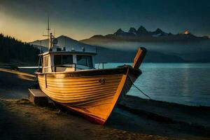 ein Boot sitzt auf das Ufer beim Sonnenuntergang. KI-generiert foto