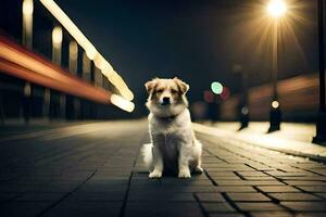 ein Hund Sitzung auf das Straße beim Nacht. KI-generiert foto