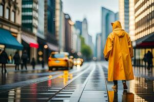 ein Person im ein Gelb Regenjacke Stehen auf ein nass Straße. KI-generiert foto