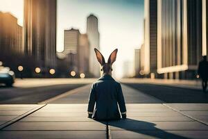 ein Hase im ein passen Sitzung auf das Boden im Vorderseite von ein Stadt. KI-generiert foto