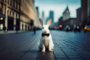 ein Weiß Hase tragen ein Bogen Krawatte Sitzung auf das Straße. KI-generiert foto