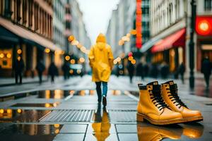 Gelb Regen Stiefel auf nass Straße im Stadt. KI-generiert foto